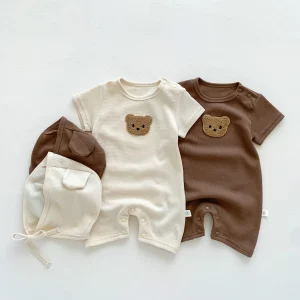 Newborn Short Sleeve Waffle Cotton Romper with Hat and Bear Patch