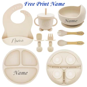 Personalized Baby Silicone Feeding Set: Plate, Bowl, Straw Cup, Utensils